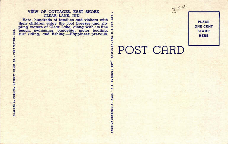 Clear Lake Steuben County Indiana Postcard